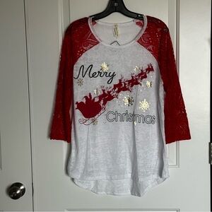 Now N Forever “Merry Christmas” Blouse | Red Lace Raglan Sleeves | NWT